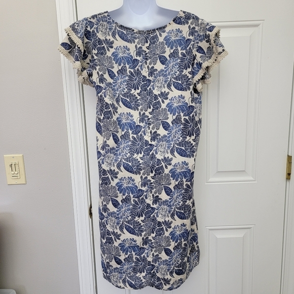 Luisa Perla Made In Italy Crochet Trim Flutter Sleeve Blue Tan Linen Dress Small - Picture 6 of 11